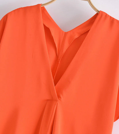 Long Orange V-Neck Dress with Elegant Appeal and Airy Fit