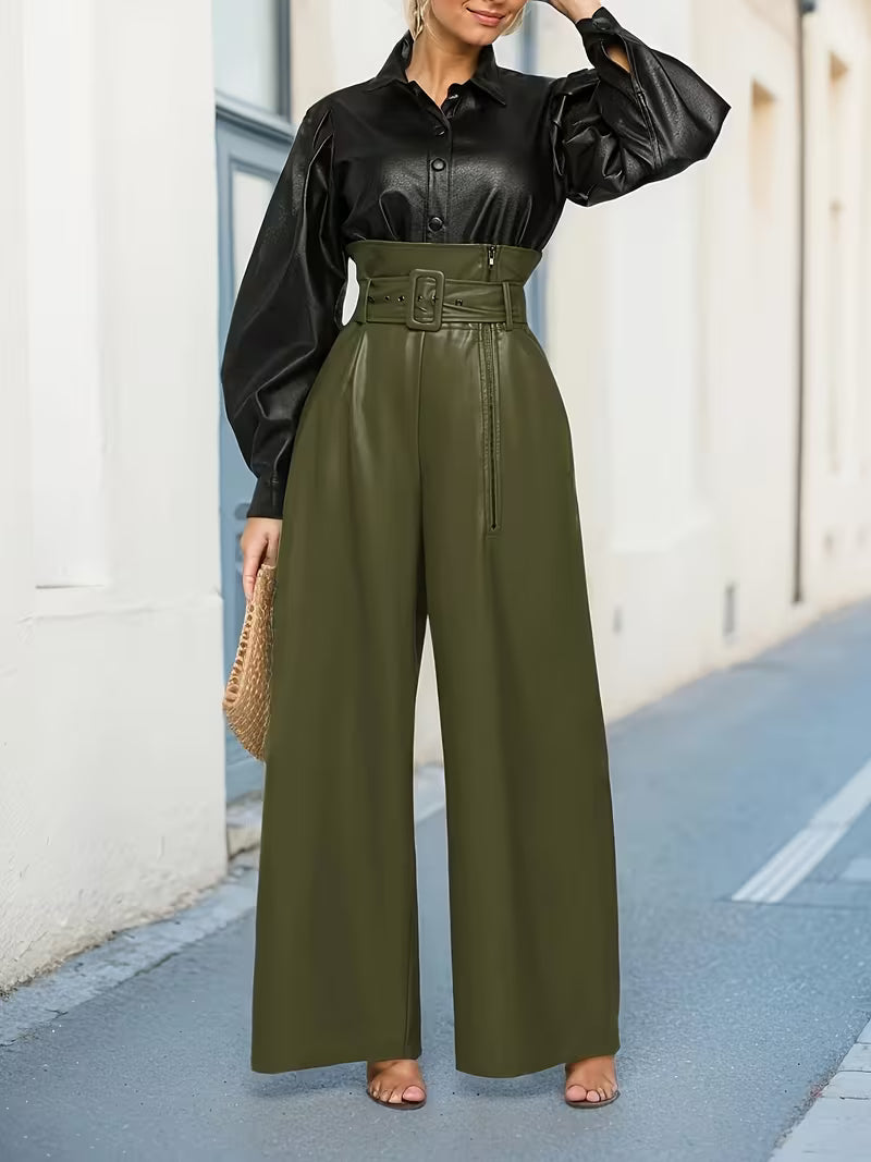Stylish Ladies' Leather Trousers with High Waist and Wide Legs