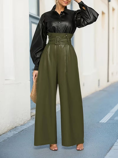 Stylish Ladies' Leather Trousers with High Waist and Wide Legs