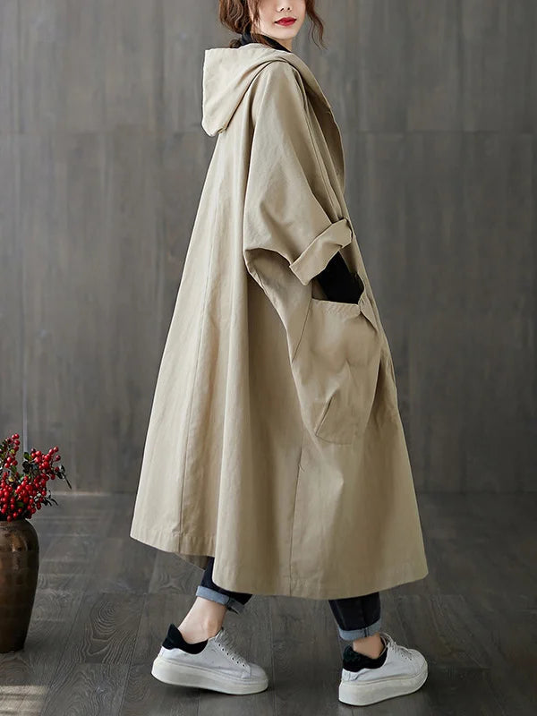 Oversized Midi Trench Coat with Hood and Large Pockets for Women
