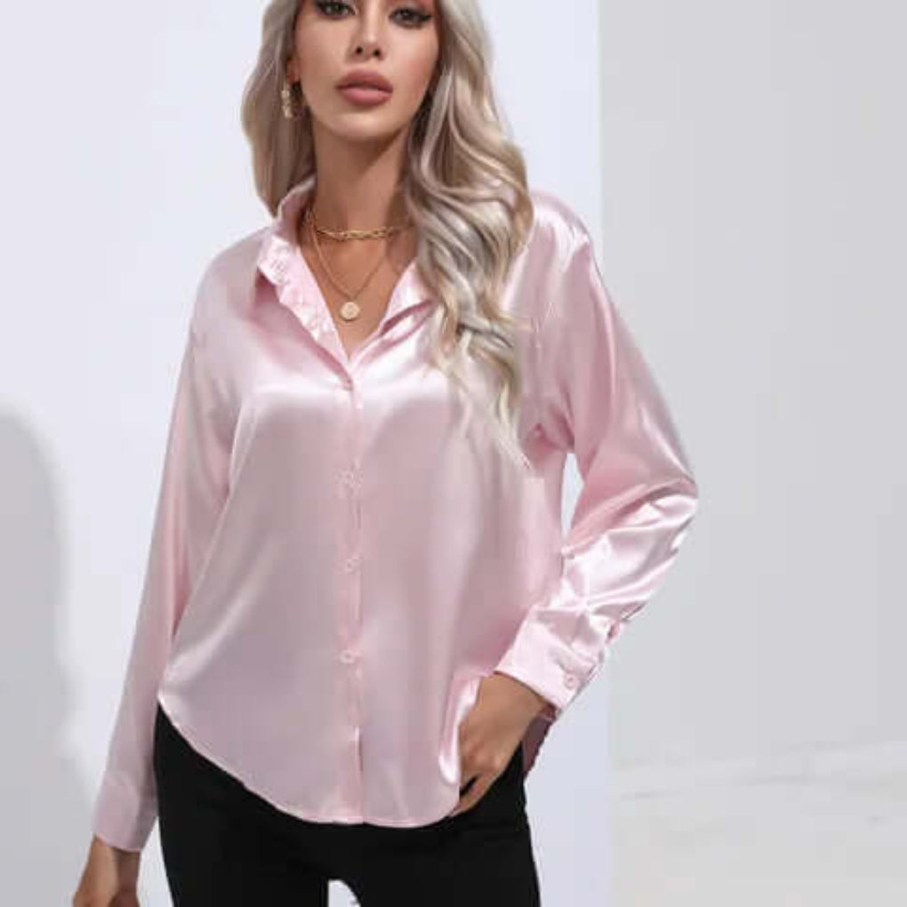 Ladies' Satin Blouse with Long Sleeves and Loose Fit