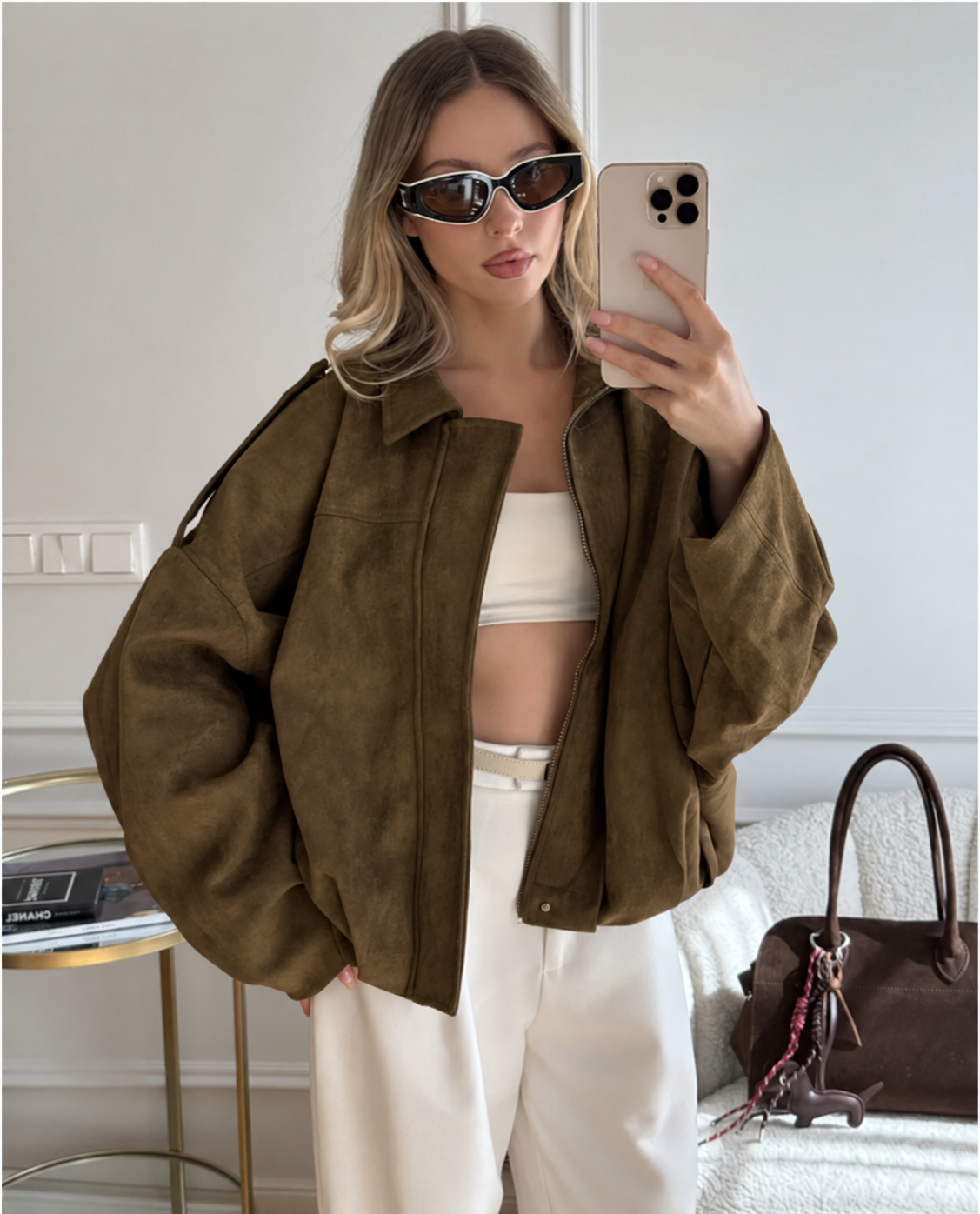 Ladies' Suede Leather Oversized Warm Jacket