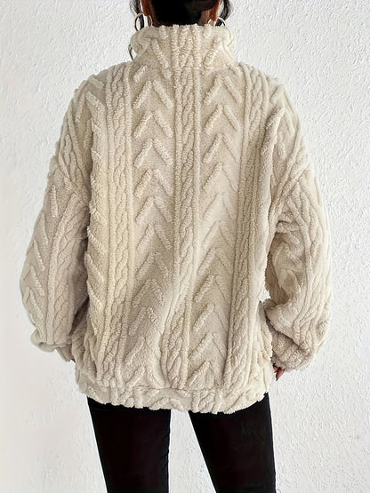 Ladies Soft Teddy Jumper with Quarter Zip and Cable Knit