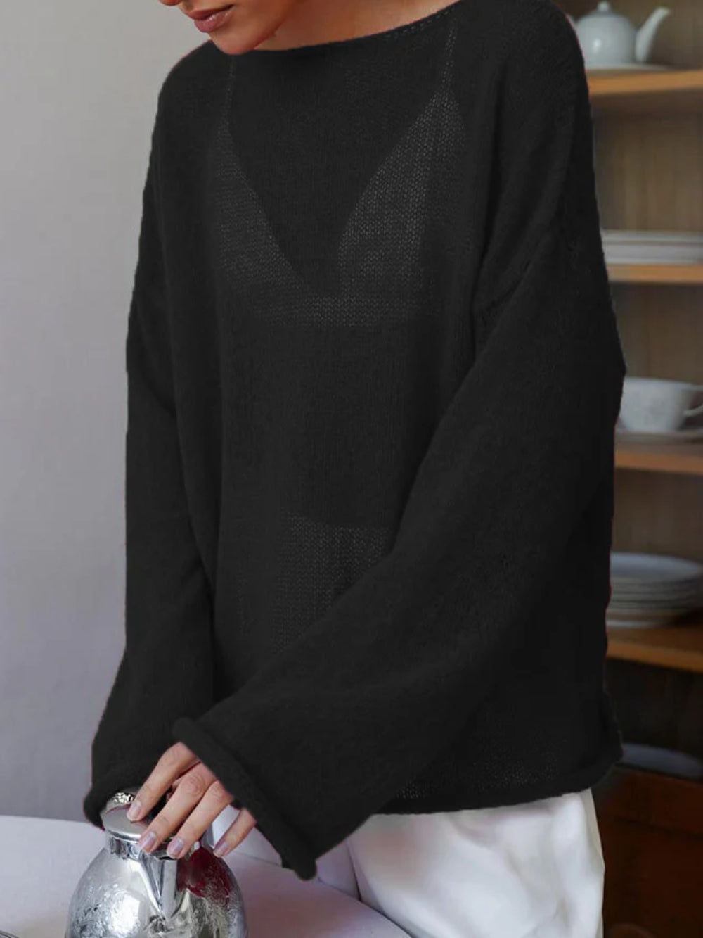 Ladies' Airy Fine Knit Jumper with Wide Sleeves