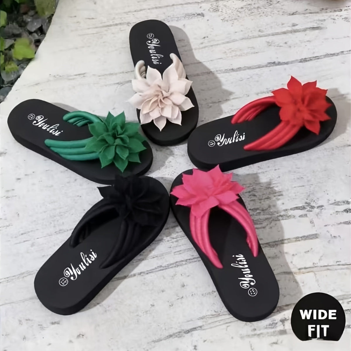 Ladies' Flip Flops with Platform Sole and Floral Detail Wide Fit