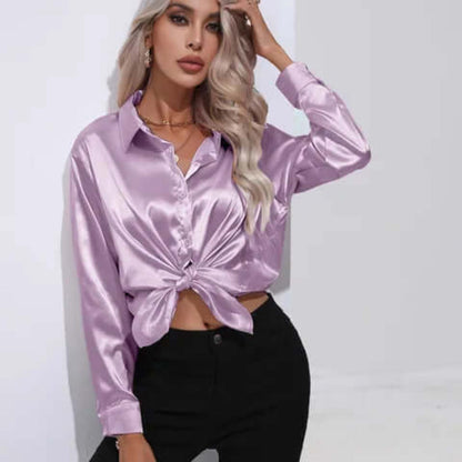 Ladies' Satin Blouse with Long Sleeves and Loose Fit
