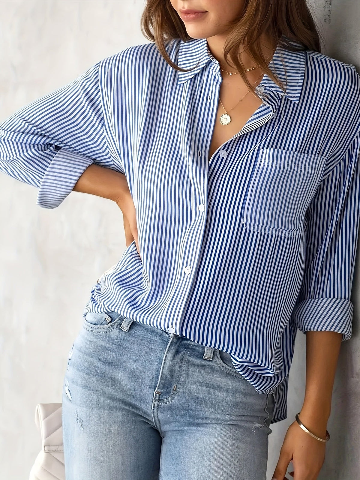 Chic Ladies Striped Blouse with Collar and Button Closure