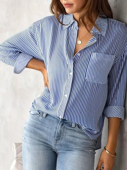Chic Ladies Striped Blouse with Collar and Button Closure