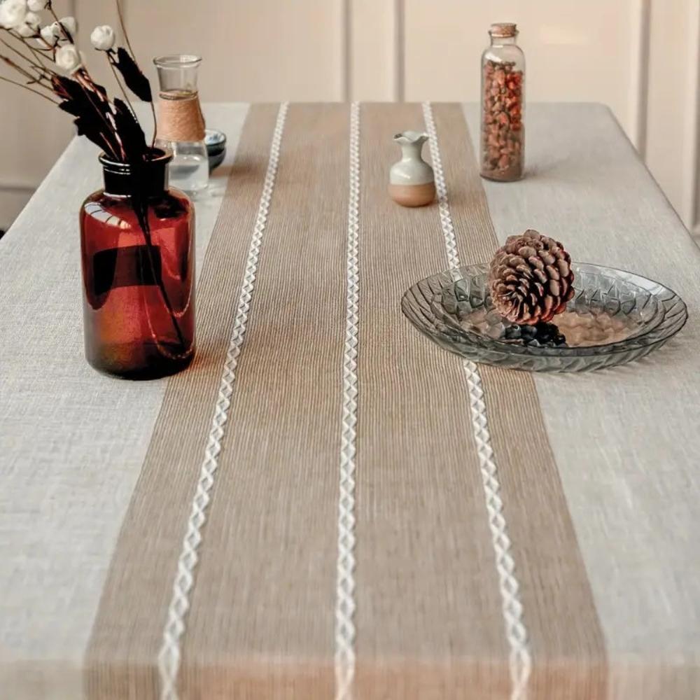 Linen Tablecloth with Geometric Pattern and Tassels
