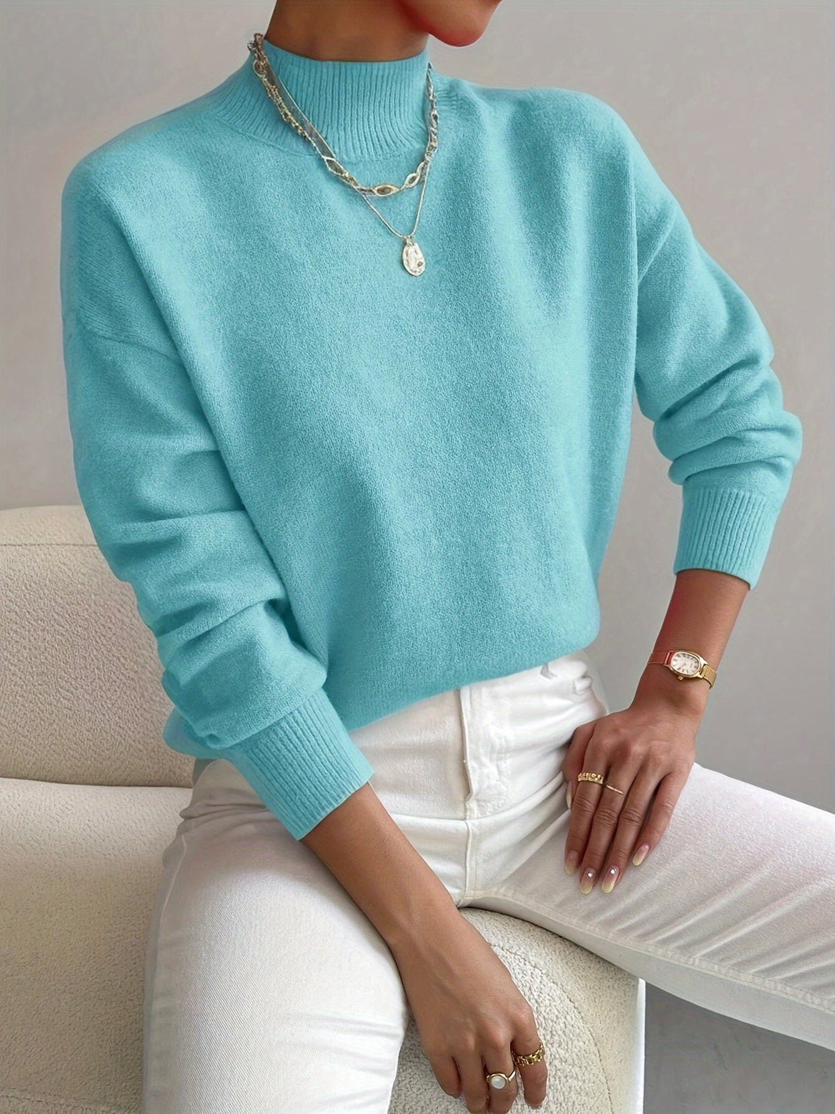 Camisola de malha para senhora, de gola subida e manga comprida, para o outono e o inverno