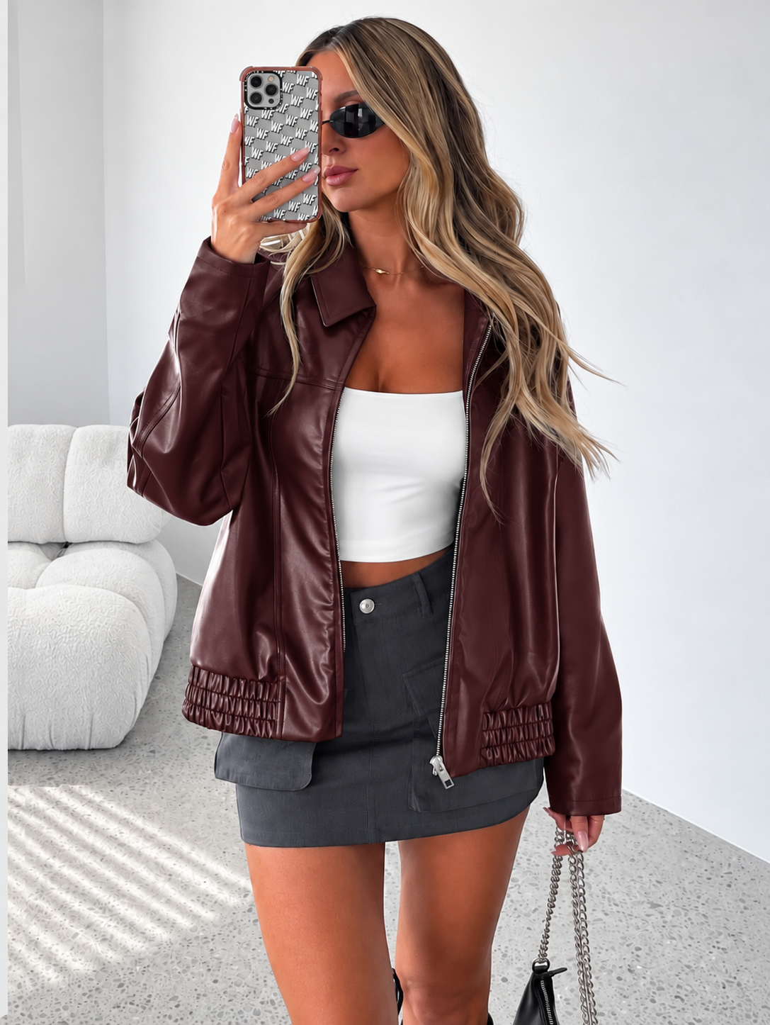 Ladies Trendy Oversized Faux Leather Jacket with Wide Collar