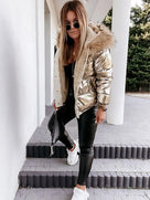 Metallic Women's Puffer Jacket with Faux Fur Hood