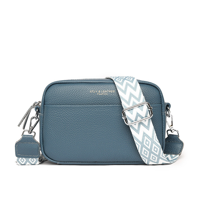Fashionable Shoulder Bag with White Embroidery and Wide Shoulder Strap