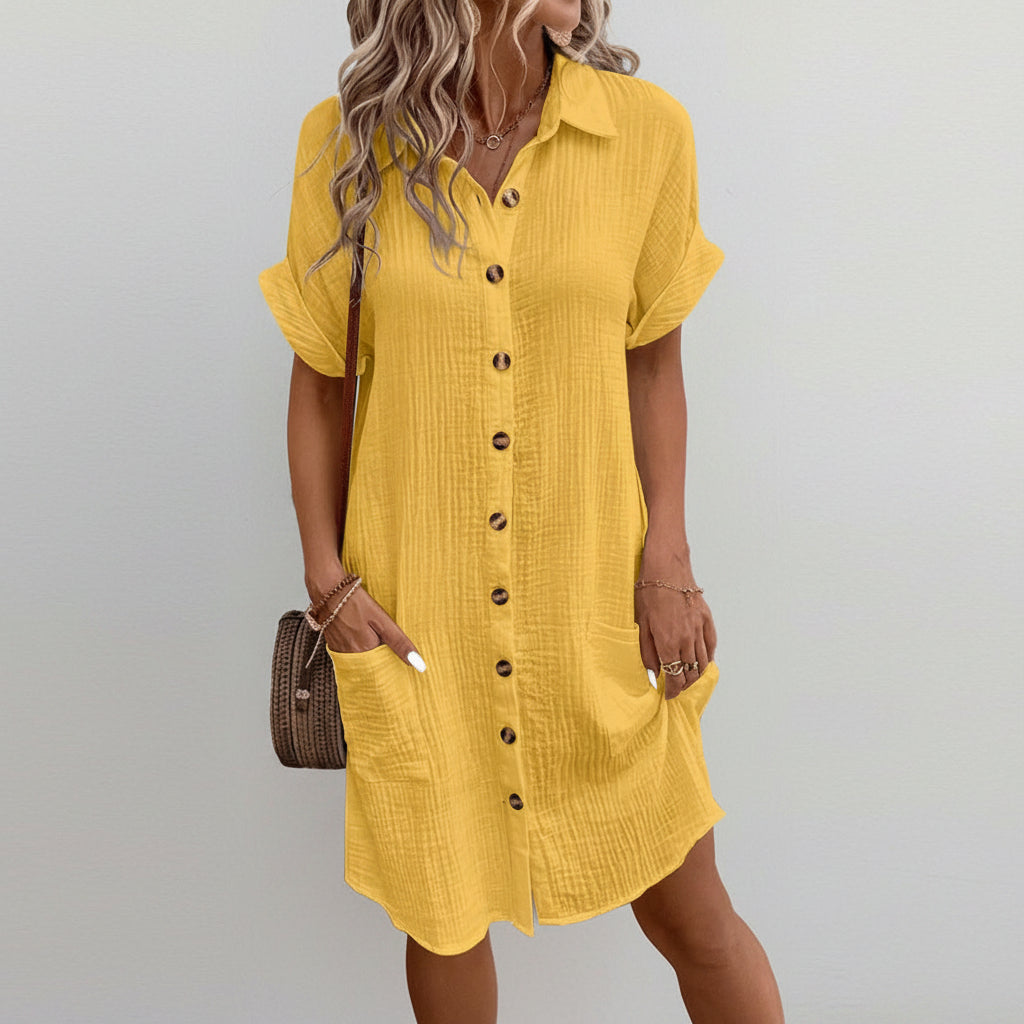 Vestito camicia a maniche corte tinta unita per donna