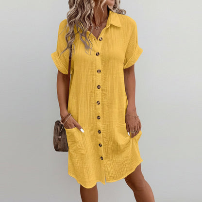 Vestito camicia a maniche corte tinta unita per donna