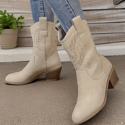 Ladies Beige Western Cowboy Boots Calf High with Block Heel and Side Zip