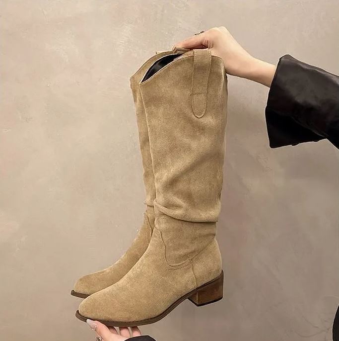 Stivali da cowboy da donna di media altezza con cerniera, punta affusolata e tacco basso
