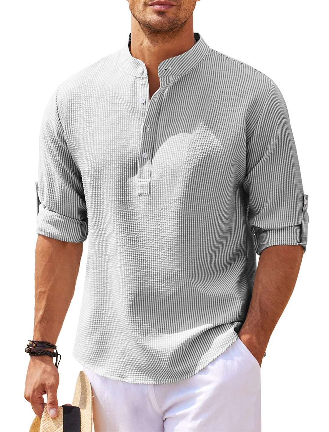 Long Sleeve Shirt with Stand-up Collar and Solid Colour
