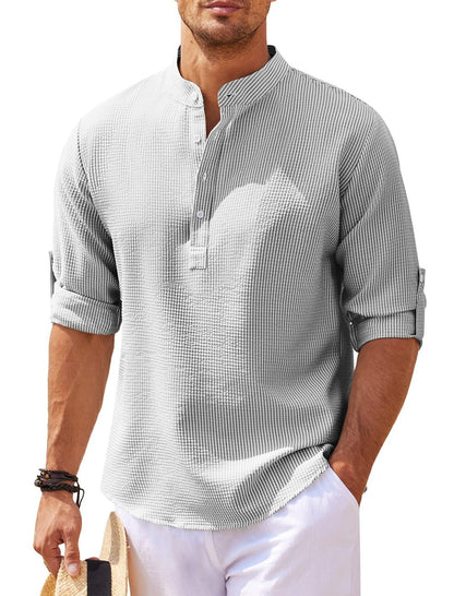 Long Sleeve Shirt with Stand-up Collar and Solid Colour