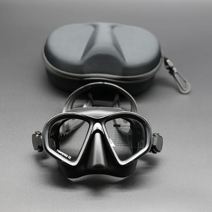 Tauchermaske aus gehärtetem Glas mit Aufbewahrungsbox - Tauchbrille mit Antibeschlagbeschichtung und Kamerahalterung