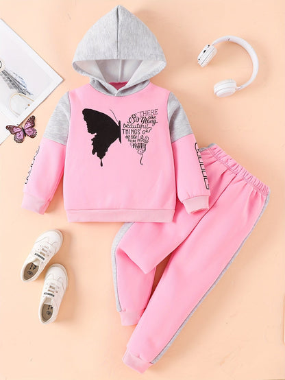 2-piece girls fleece hoodie sweater with butterfly print pants - Angel