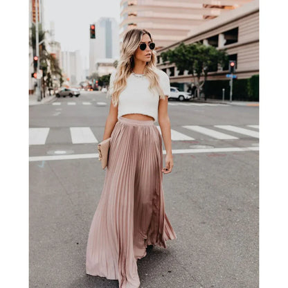 Ladies Elegant Maxi Skirt with Pleated Structure and Elastic Waist