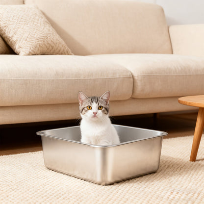 Extra Large Stainless Steel Cat Litter Tray with Low Entry – Durable and Hygienic Design