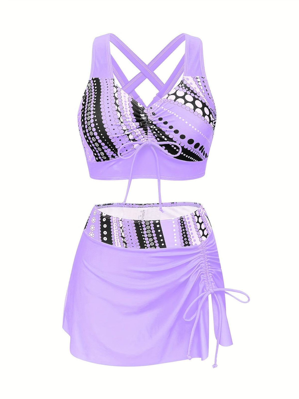 Set tankini de damă în trei piese, cu imprimeu cu buline și fustă