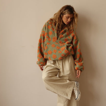 Ladies' Teddy Jumper with Floral Print and Short Zip