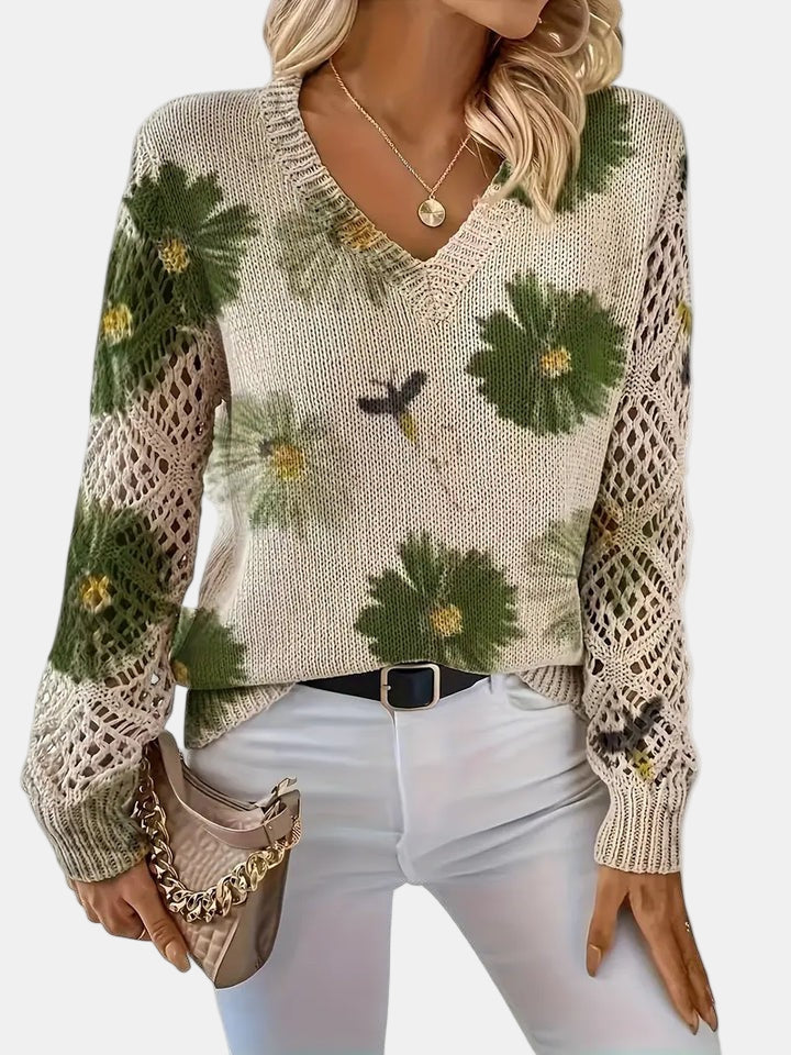 Ladies' Knitted Jumper with Floral Print and V-Neck