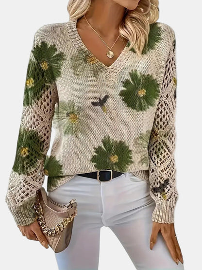 Ladies' Knitted Jumper with Floral Print and V-Neck