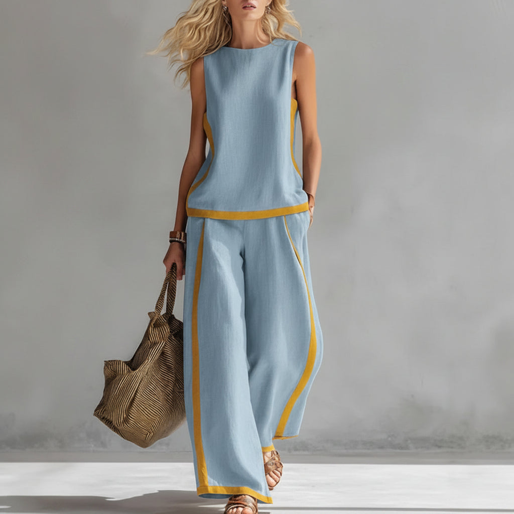 Damen ärmellose Weste und Set bestehend aus hoch taillierter Hose mit weitem Bein