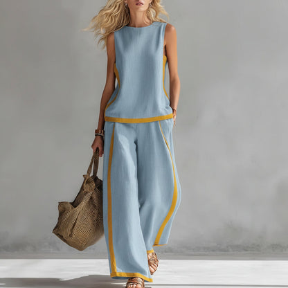 Damen ärmellose Weste und Set bestehend aus hoch taillierter Hose mit weitem Bein