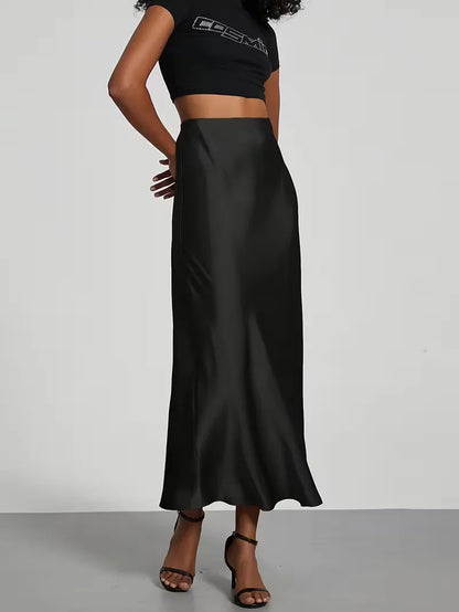Jupe midi en satin à taille haute