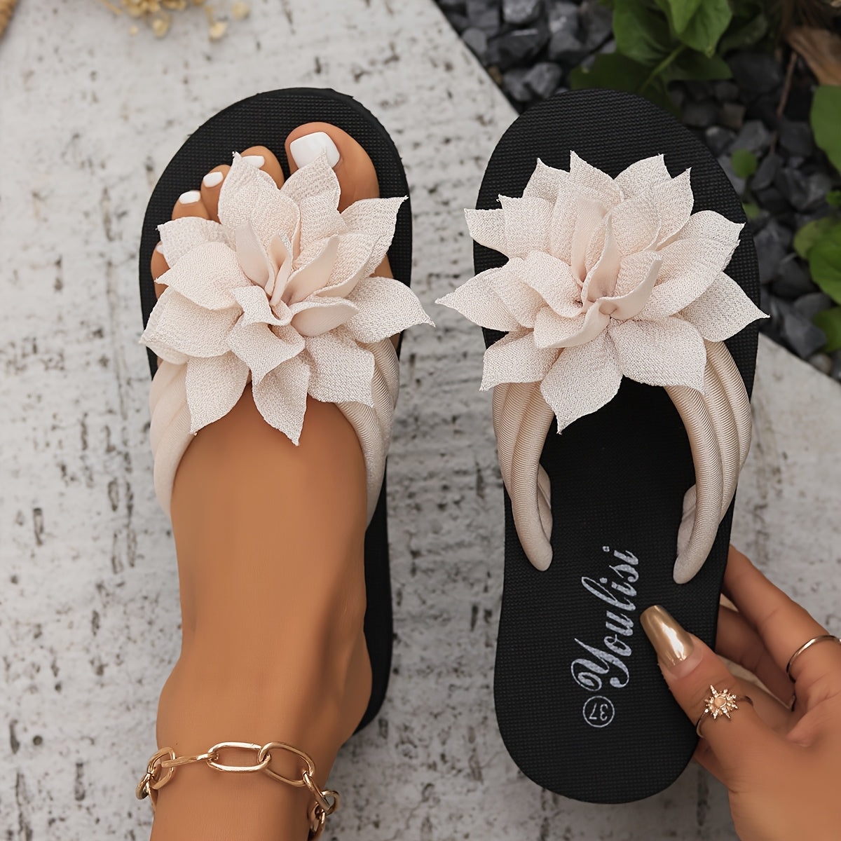 Ladies' Flip Flops with Platform Sole and Floral Detail Wide Fit