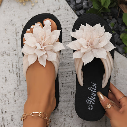 Ladies' Flip Flops with Platform Sole and Floral Detail Wide Fit