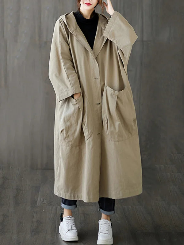 Oversized Midi Trench Coat with Hood and Large Pockets for Women