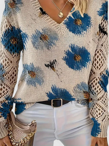 Ladies' Knitted Jumper with Floral Print and V-Neck