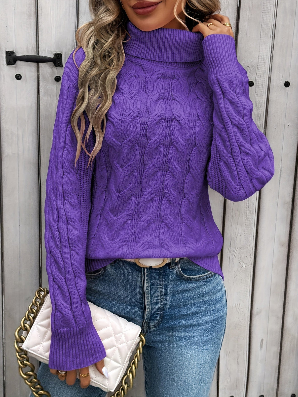 Ladies' Cosy Cable Knit Jumper with Ribbed Sleeves