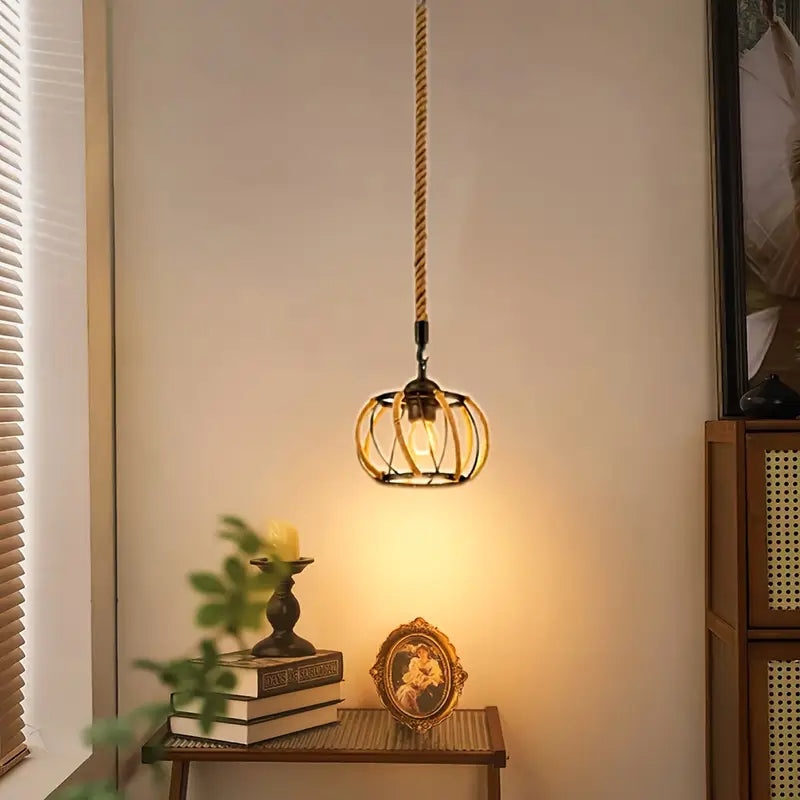 Industrial Pendant Light with Braided Rope and Metal Frame for Interiors