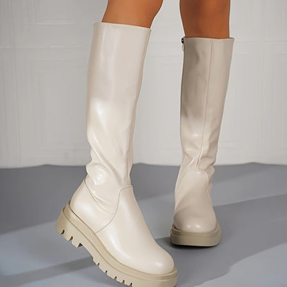 Ladies' White Knee-High Boots with Zip and Anti-Slip Sole