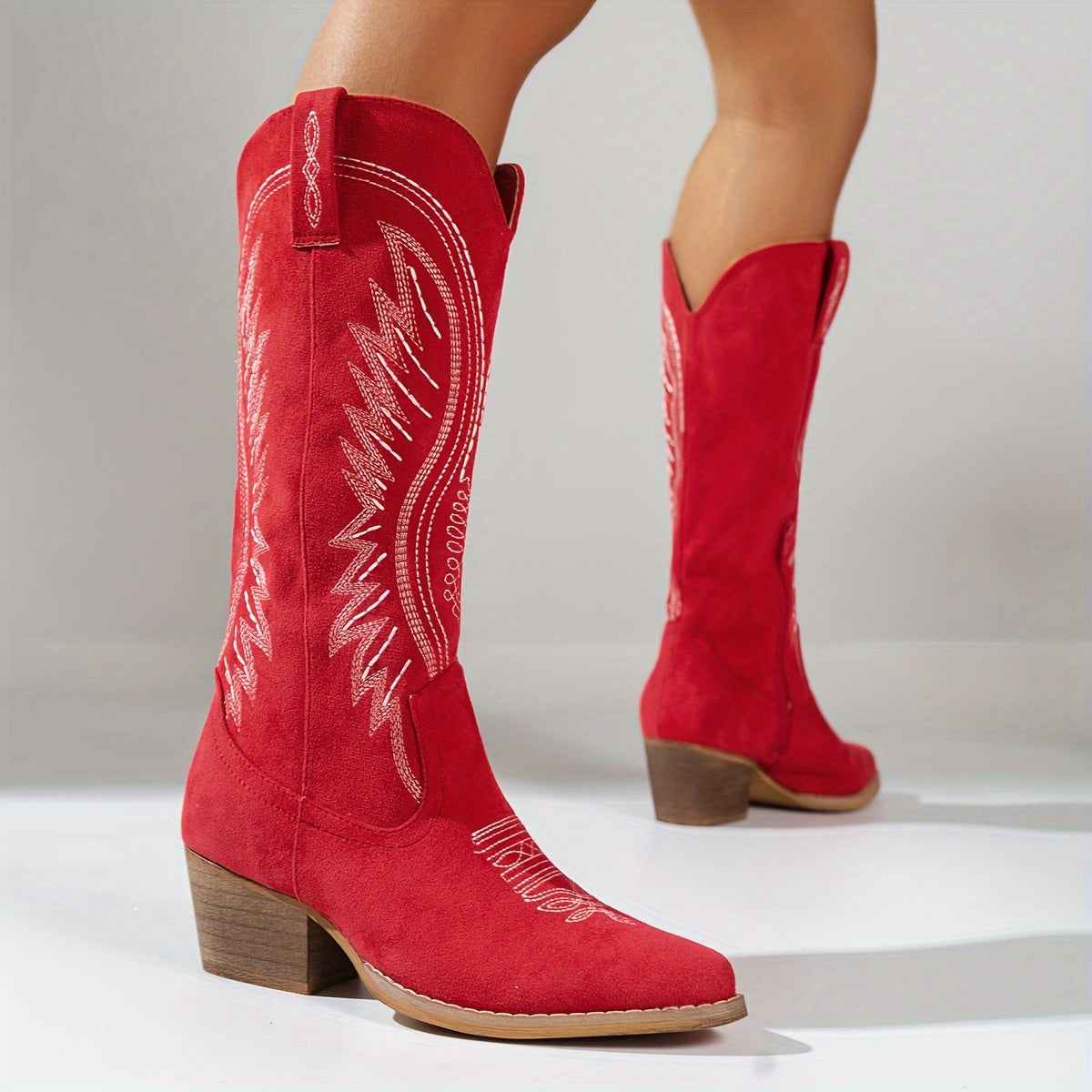 Ladies Playful Cowboy Boots with Embroidery and Block Heel