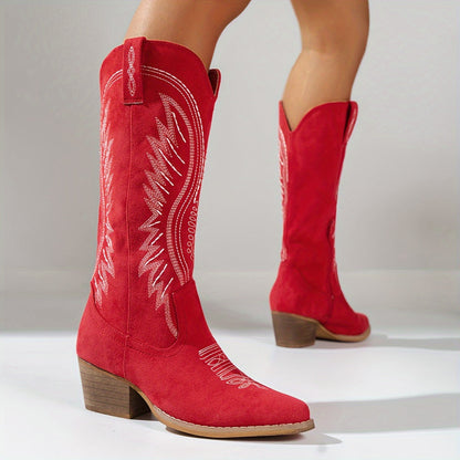 Western Cowboy Boots with Embroidery and Block Heel for Women