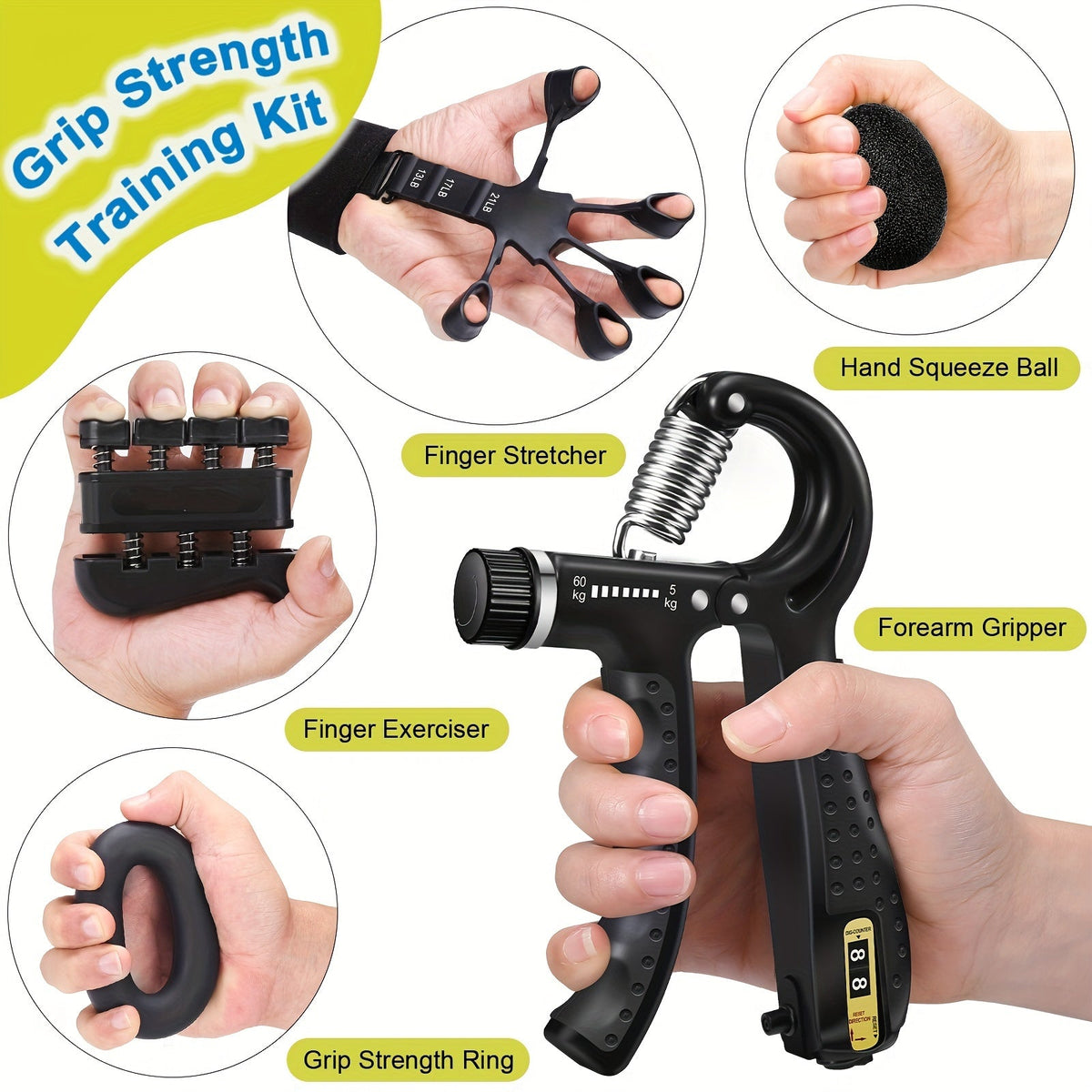 Set d’entraîneurs de main PowerGrip - 5-en-1 pour renforcer les mains et les avant-bras