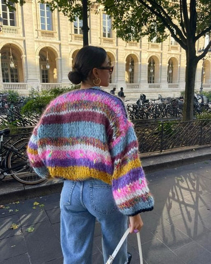 Colourful knitted short cardigan with puff sleeves for women - Aleta