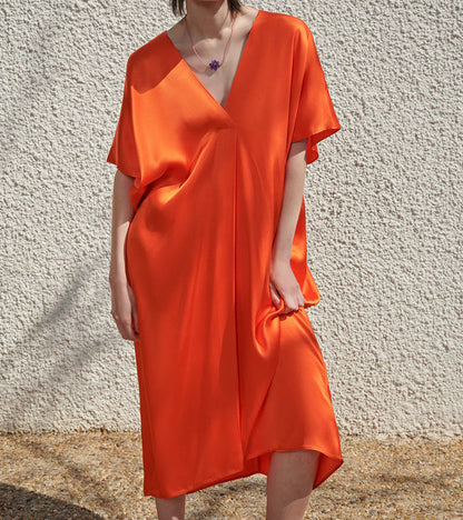 Long Orange V-Neck Dress with Elegant Appeal and Airy Fit