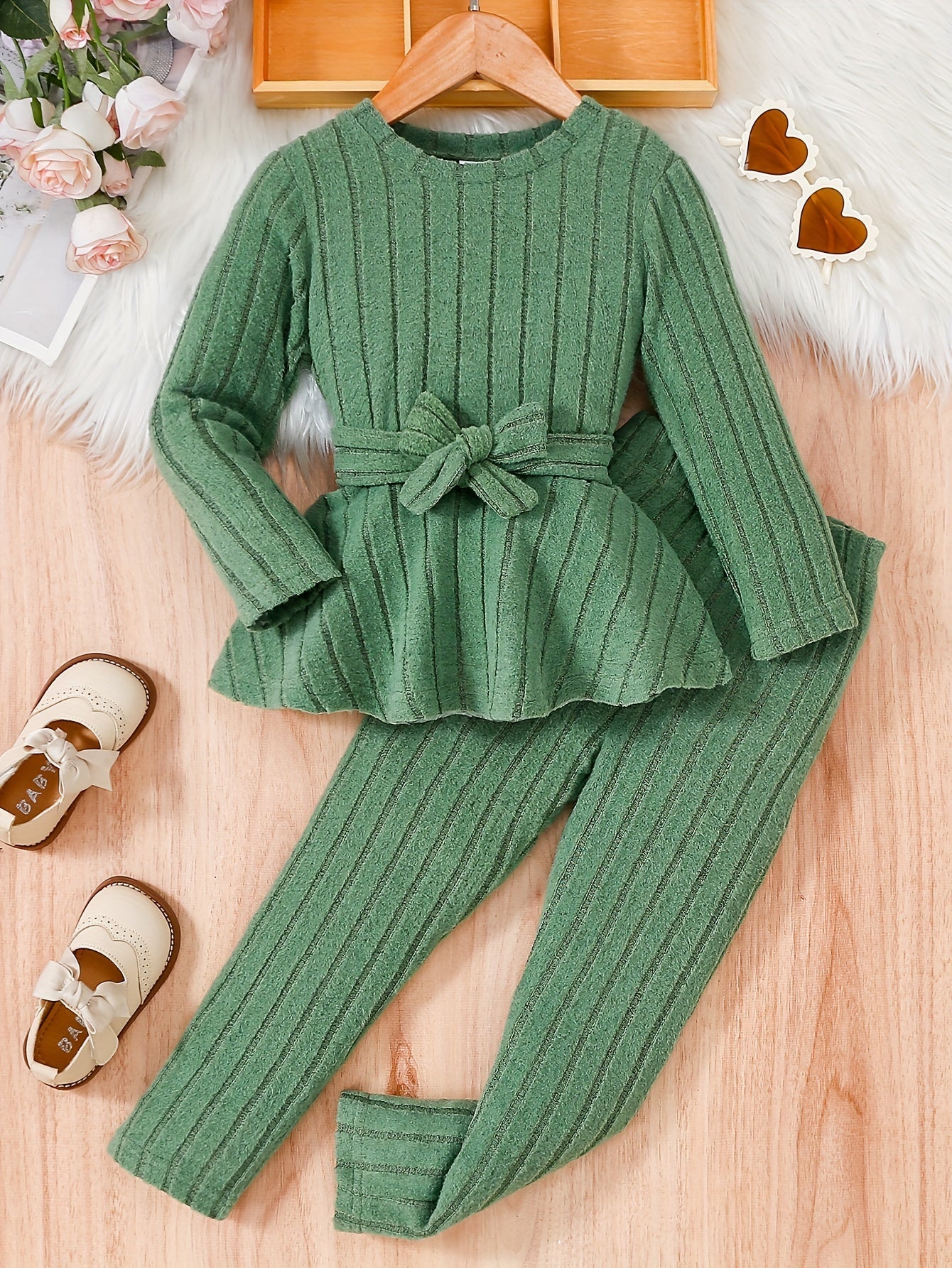 Girls' Kids 2-Piece Casual Round Neck Long Sleeve Top with Bow & Trousers - Ember