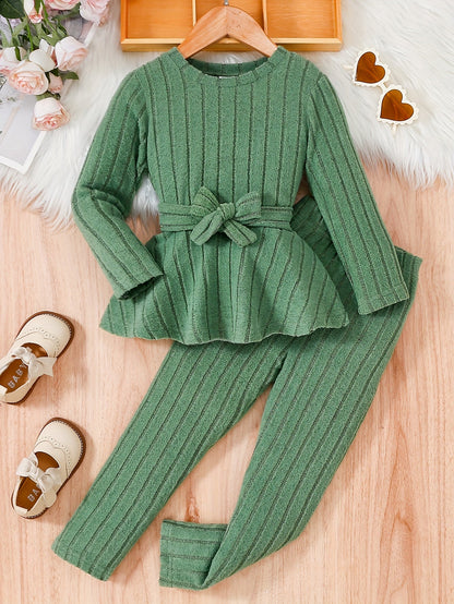 Girls' Kids 2-Piece Casual Round Neck Long Sleeve Top with Bow & Trousers - Ember
