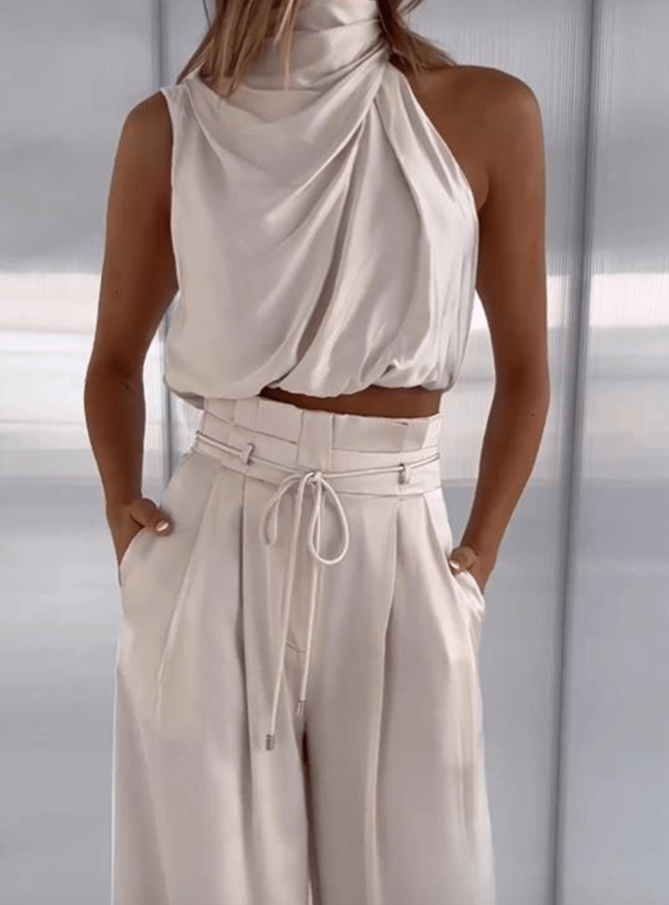 Elegant Top and Wide Leg Trouser Set for Women with Waistband