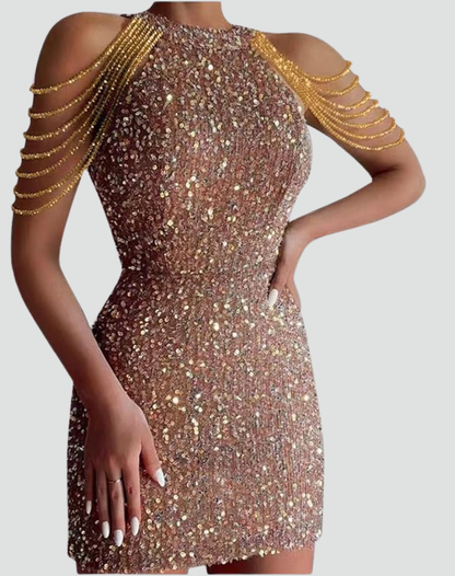 Luxe Sequin Mini Dress for Women with Halter Neck and Shoulder Chains